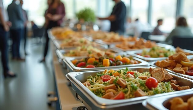 Buffet table with various food. Office employees, business lunch or party. Diverse options for meal at company event. Catering. People at breakroom, blurred background.