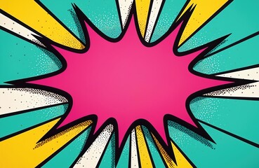Fototapeta na wymiar Pop art style illustration background with pink star burst explosion. Vibrant comic book design. Retro style graphic design featuring pink yellow blue black and white colors and geometric forms.