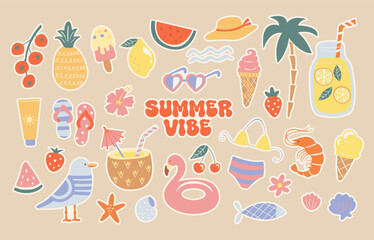 Summer set of hand drawn stickers for hot season, funny doodle holiday beach elements -watermelon,lemon,ice cream, palm,drinks. Isolated elements for scrapbooking. Perfect for templates,web. Vector
