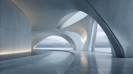 Fototapeta premium Interior view of a futuristic white building with arches and a reflective floor near water body