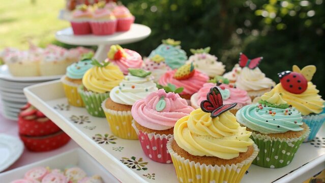 Decorated cupcakes with cream for a party outdoors. 