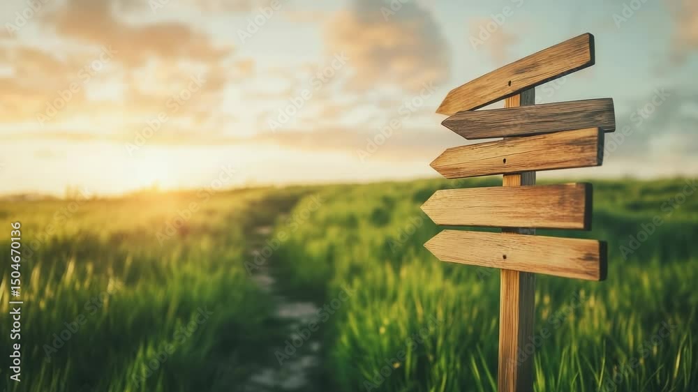 Poster Multiple views of a wooden signpost with several arrows pointing in different directions, standing in a green field with a path at sunset, symbolizing choices, decisions, and the concept of fobo