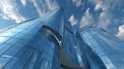 Worm's eye view of modern glass skyscrapers reaching towards a cloudy blue sky on a bright day