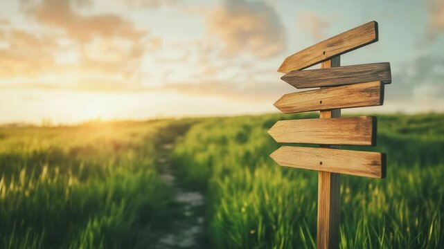 Multiple views of a wooden signpost with several arrows pointing in different directions, standing in a green field with a path at sunset, symbolizing choices, decisions, and the concept of fobo