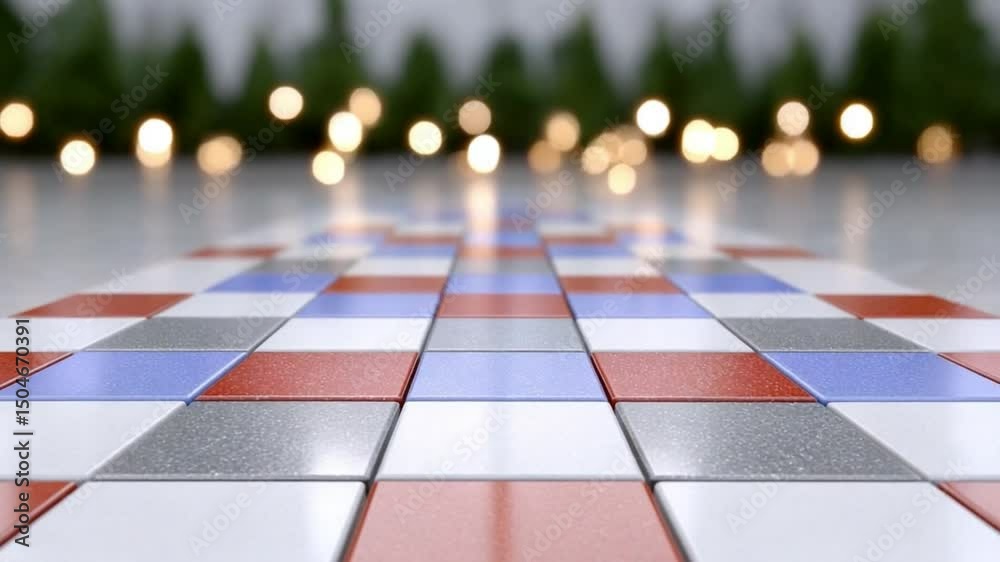 Poster geometric pathway with blurred lights: a meticulously crafted pathway composed of colorful tiles lea
