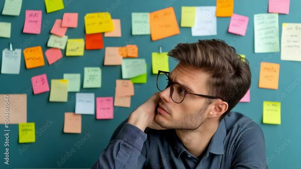 Poster multiple images of a pensive businessman touching his head and looking at sticky notes on a wall, ev