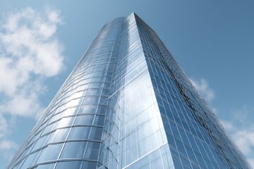 View of a tall glass building reaching into the sky with clouds reflecting in the glass windows pane