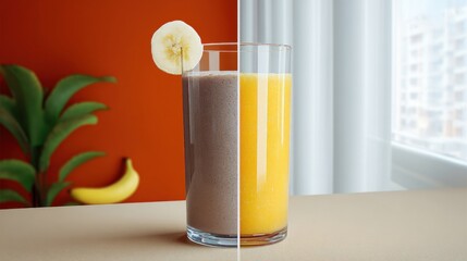 Health comparison of two smoothies showcasing banana inclusion versus vibrant alternatives with different colors and textures