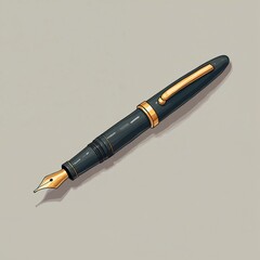Naklejka premium Illustration of elegant fountain pen. Black body gold details on gray backdrop. Classic writing tool, luxury stationery for school, office, education. Pen design for business, creativity, art.