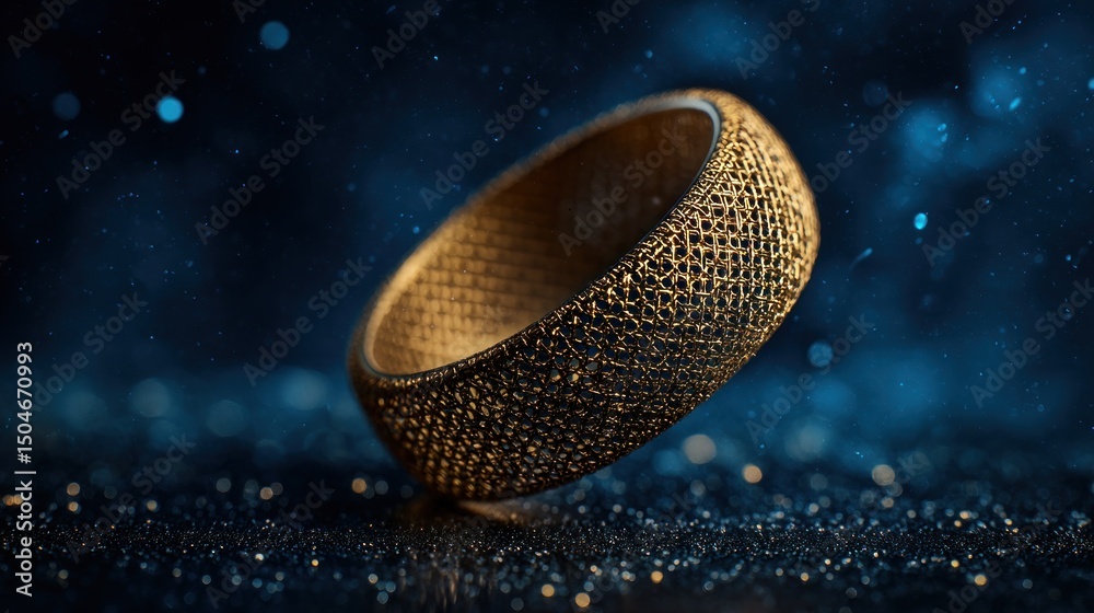 Wall mural close up shot of a golden ring with a mesh pattern on a dark surface with bokeh lights in the backgr