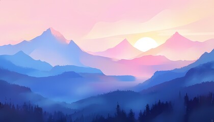Majestic Sunrise Over Misty Mountain Landscape in Pastel Colors