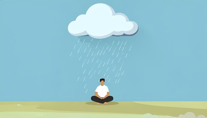 Man Meditating Under Rain Cloud in Flat Desert Scene