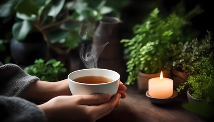 Hands Holding Tea Cup Near Candle and Indoor Plants