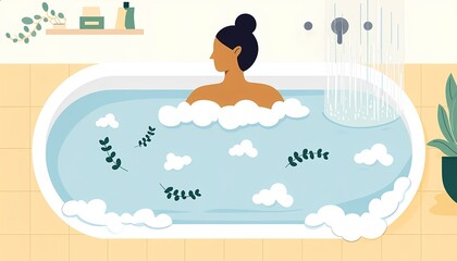 Woman Relaxing in a Foam Bath with Eucalyptus Leaves