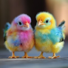 Naklejka premium Colorful Baby Birds A Vibrant Duo in a Close-Up
