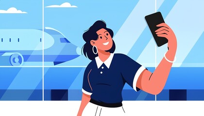 Woman Taking Selfie in Airport Terminal – Travel Excitement Scene