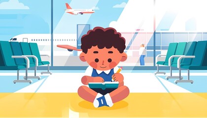 A boy in a calm mood sits on the floor at the airport terminal writing in a notebook while waiting.