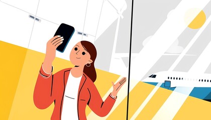 Woman Taking Travel Selfie at Airport – Boarding Scene with Plane View