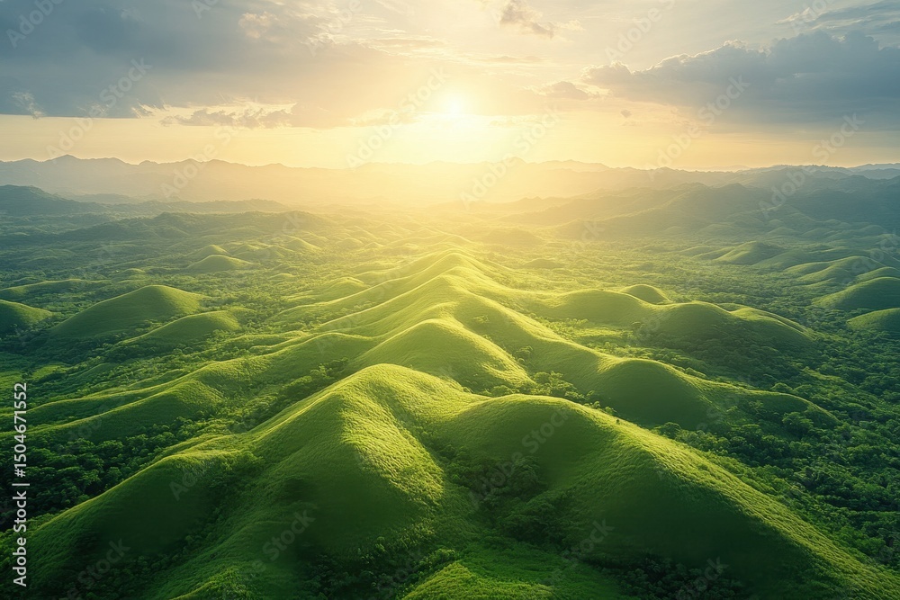 Poster green rolling hills under soft sunlight creating a serene landscape in a tranquil natural setting