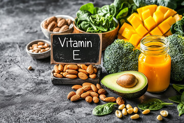 Healthy Foods High in Vitamin E with Wooden Board Labeled "Vitamin E"