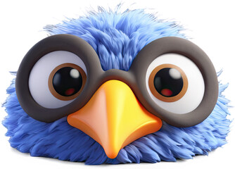 Close-up of a blue, cartoonish bird with large, googly eyes and wearing round spectacles.