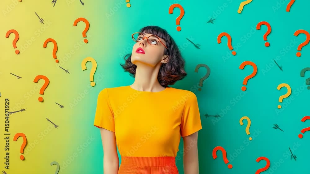 Poster young woman with glasses and colorful clothes looking up, surrounded by question marks of different 
