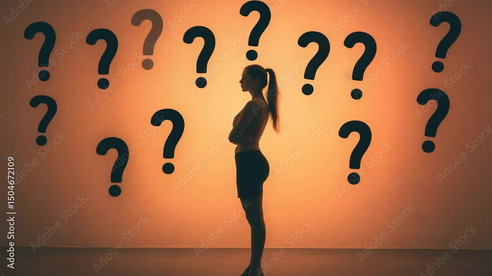 Aufkleber silhouette of a thoughtful young business woman evaluating different possibilities, surrounded by qu