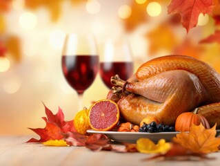 Thanksgiving feast with roasted turkey, colorful leaves, wine glasses, and festive autumn decorations