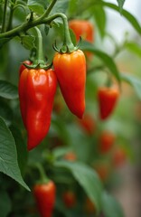 Close-up of vibrant red-orange habanero peppers growing on plant. Detail shot shows fresh organic vegetables in greenhouse. Spicy chili pepper ingredient.