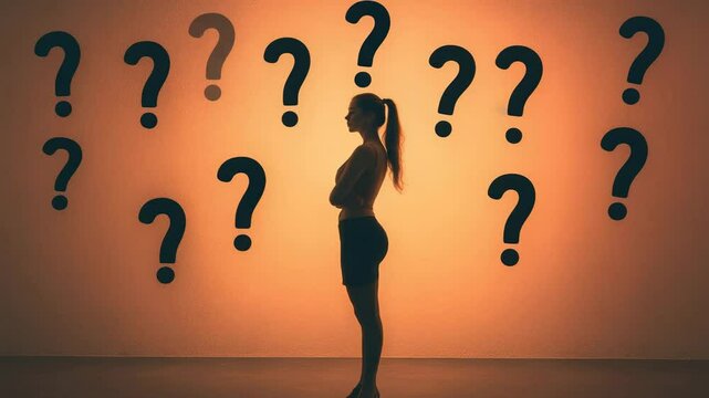 Silhouette of a thoughtful young business woman evaluating different possibilities, surrounded by question marks on an orange background, symbolizing confusion and difficult decision making