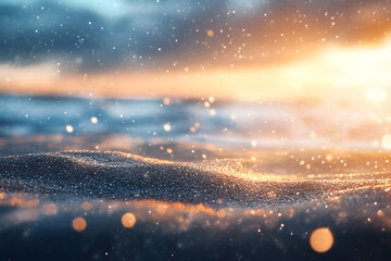 Naklejka premium Sandy beach with blue sky, sunlight with bokeh lights background, soft texture