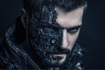 Man with cybernetic face, wearing dark clothing with metallic accents, looking directly at the viewer with a serious expression