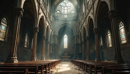 Fototapeta premium Ancient cathedral interior. Vintage gothic architecture, old religious building. Sunlight streams through stained glass windows. Empty pews, altar create mysterious atmosphere, evoking feelings of