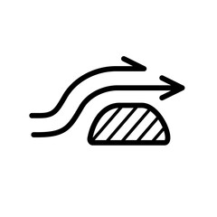Aerodynamic shape line icon with rounded air flow arrows and solid object profile with hatching. Editable stroke.