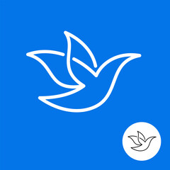Flying bird logo. Line style minimalistic icon of dove or other peaceful bird. Symbol of freedom and love. Editable stroke.