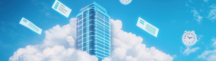 Fototapeta premium Modern skyscraper surrounded by clouds and floating elements representing technology, time, and innovation