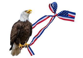 Naklejka premium USA Bald Eagle PNG, majestic eagle with tricolor ribbon flag theme. PNG image with transparent background, symbol of freedom for 4th of July