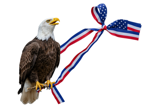 USA Bald Eagle PNG, majestic eagle with tricolor ribbon flag theme. PNG image with transparent background, symbol of freedom for 4th of July - Powered by Adobe