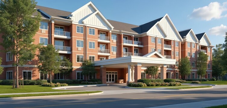 Exterior view of retirement home. Large, multi-story apartment building for senior living. Brick facade, balconies, landscaping, manicured lawns, sunny day, blue sky. Residential housing for elderly