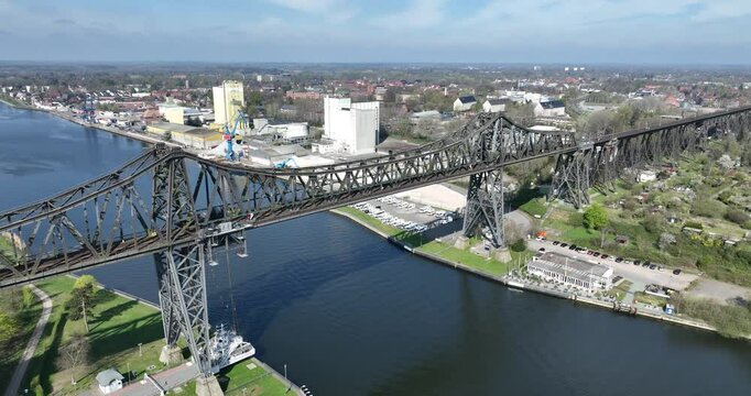 Kiel canal, The Rendsburg High Bridge, railway viaduct over canal for ships to pass under.