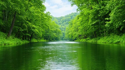 Serene River Surrounded by Lush Green Trees in a Tranquil Forest Setting