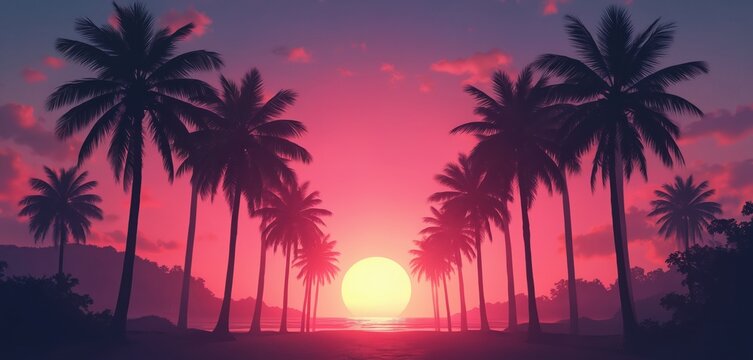 Synthwave music from the 1980s sunset scene. Palm trees silhouette against neon sunset. Pink and purple sky. Electronic music, retro style, vintage vibes.