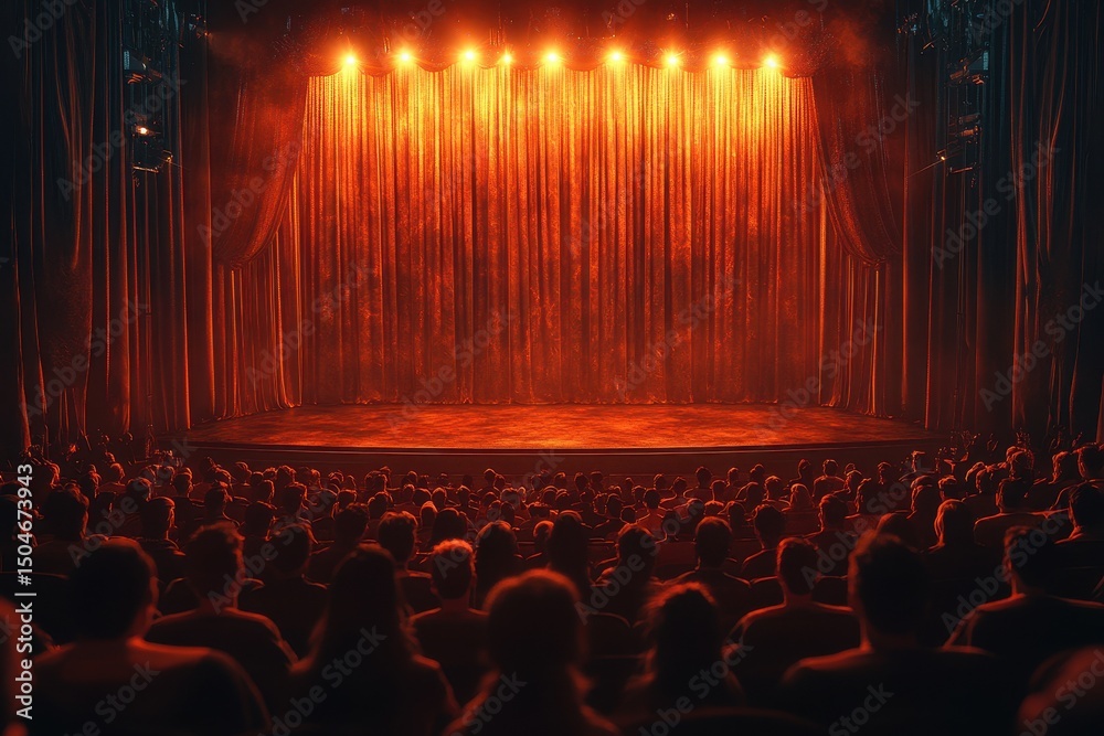 Poster audience awaits the performance at a theater with vibrant stage lighting and curtains during an even