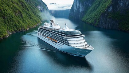 Majestic cruise ship gliding through serene fjord landscape amidst towering cliffs