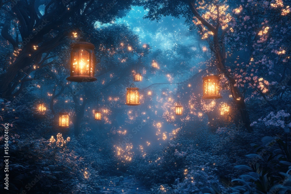 Poster Illuminated lanterns glow softly along a winding path in a tranquil forest during twilight, creating a magical atmosphere filled with wonder and serenity