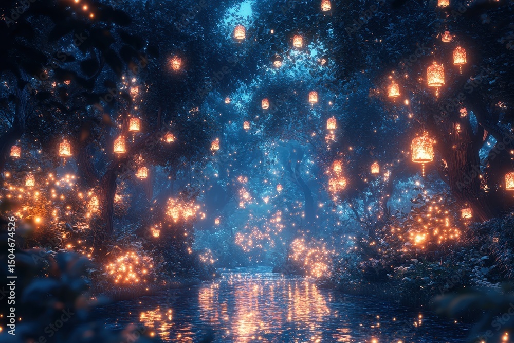 Poster Illuminated lanterns glow softly along a winding path in a tranquil forest during twilight, creating a magical atmosphere filled with wonder and serenity