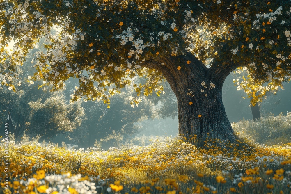 Poster vibrant spring landscape featuring a large tree surrounded by colorful flowers in a serene forest se