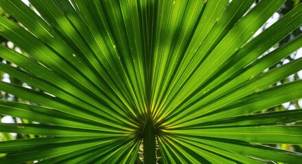 Obraz premium Close-up of a vibrant green palm leaf with radial pattern and texture