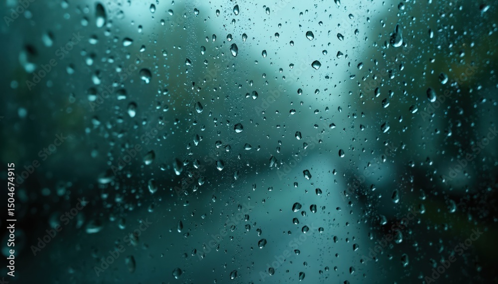 Poster raindrops on glass surface. drops of water texture background with blurred outside view. wet transpa