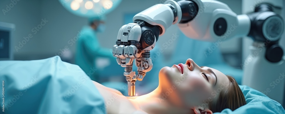 Poster surgical robot performs minimally invasive procedure on patient in operating room. healthcare tech i